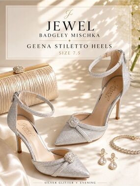 Jewel Badgley Mischka Geena Silver Glitter Stiletto Heels Size 7.5
